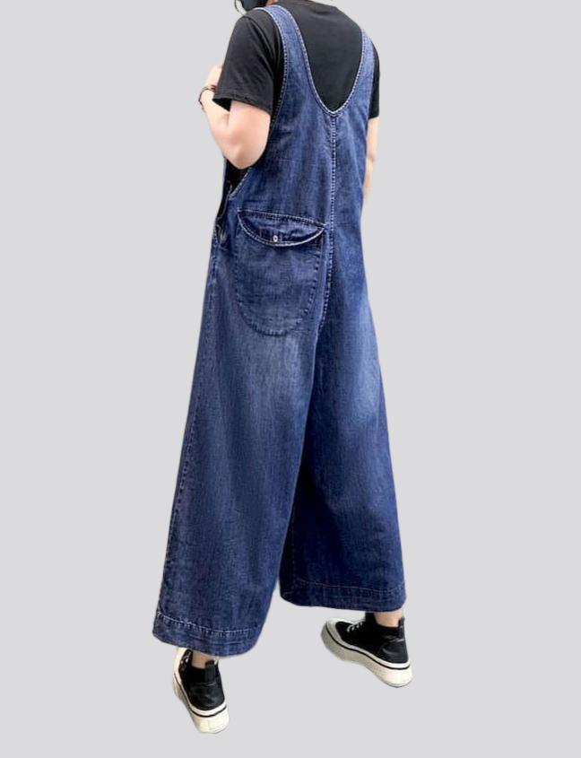 Sanded wide-leg denim jumpsuit for ladies