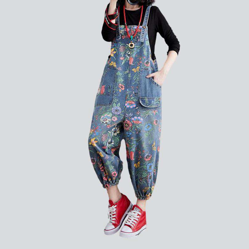 Flower print women denim jumpsuit