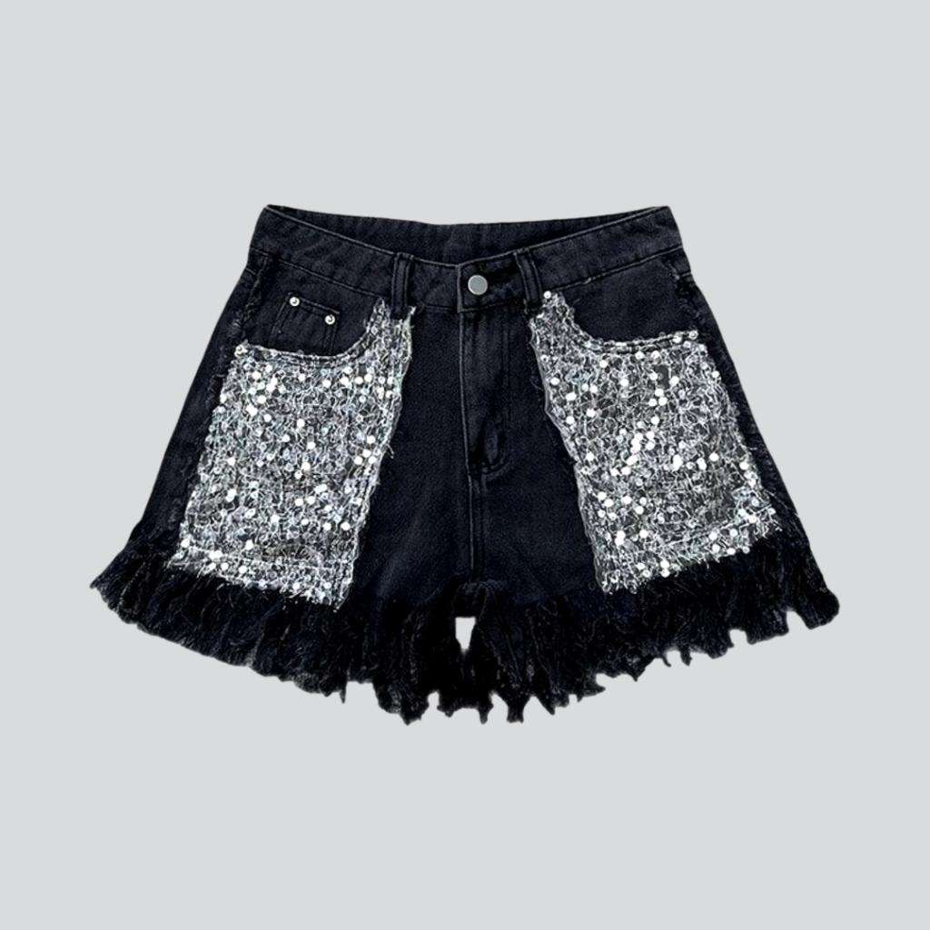 Fringe hem rhinestone denim shorts