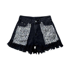 Fringe hem rhinestone denim shorts