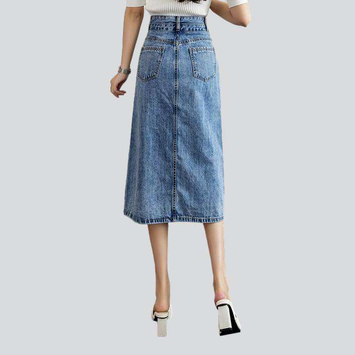 Embellished slit denim skirt