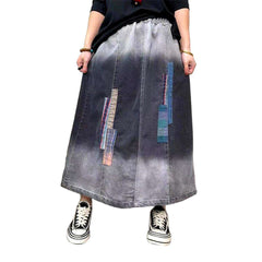 Dip-dyed patched long denim skirt