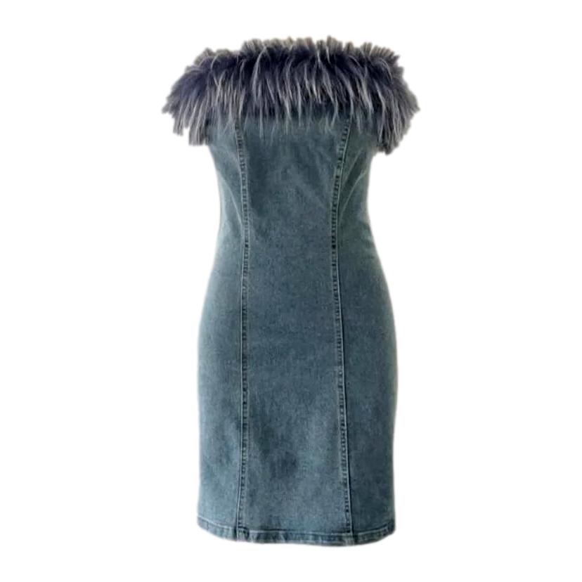 denim dress with feathers Beaded Denim Dress With Feathered Sleeves by Georges Hobeika Elilhaam