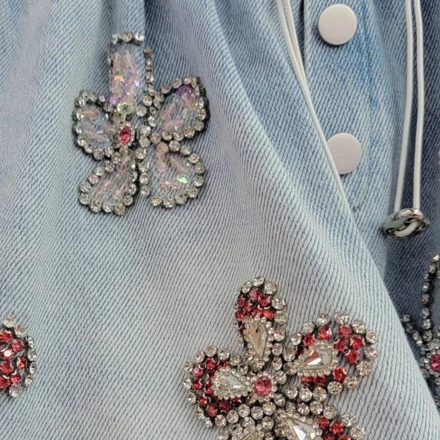 Rhinestone flower embellished denim shorts