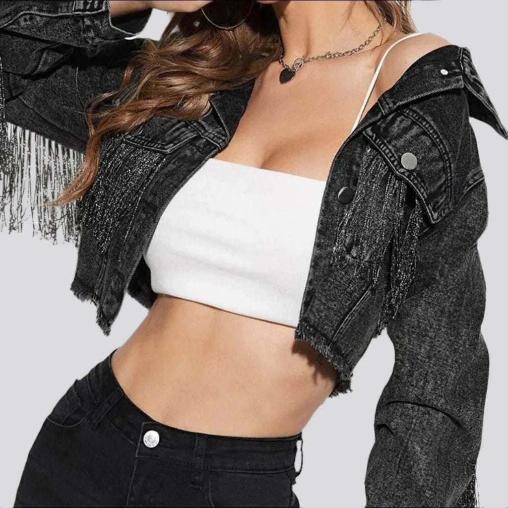 Fringe cropped women denim jacket