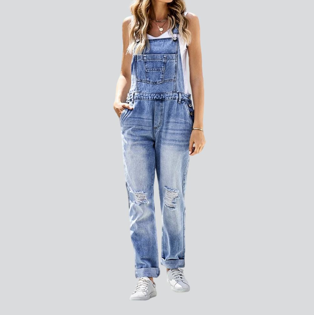 Ripped knees women denim jumpsuit