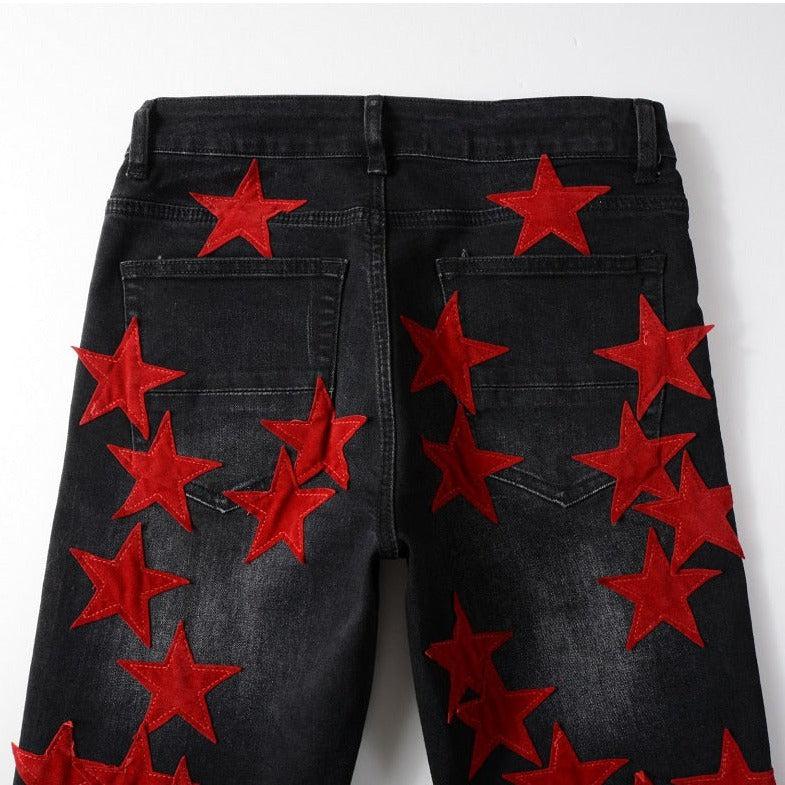 Red stars embroidery men jeans