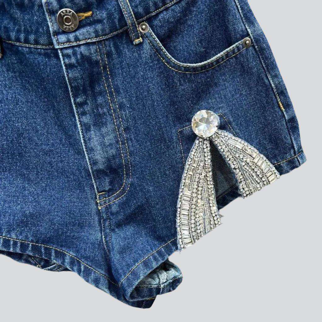 Embroidered slit women denim shorts