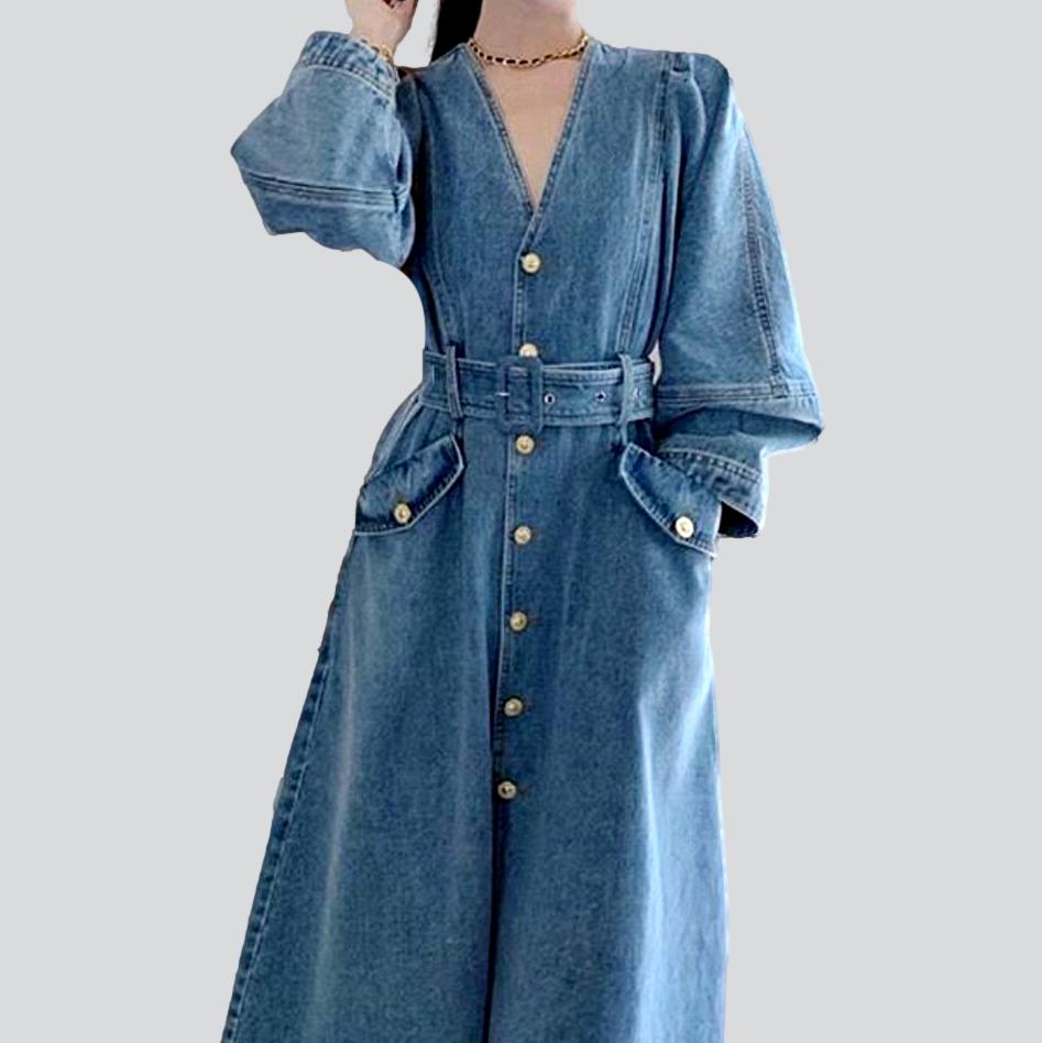 V-neck fashion long denim dress