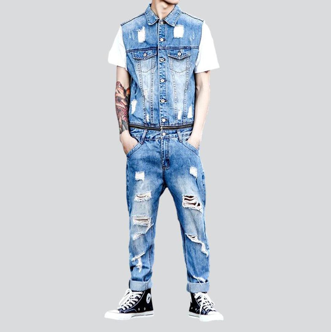 Distressed sleeveless men denim overall