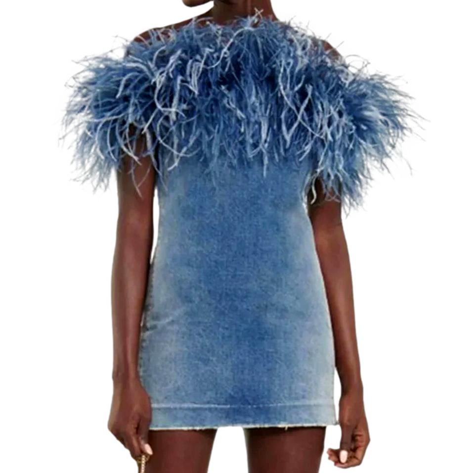 Strapless denim dress with feathers