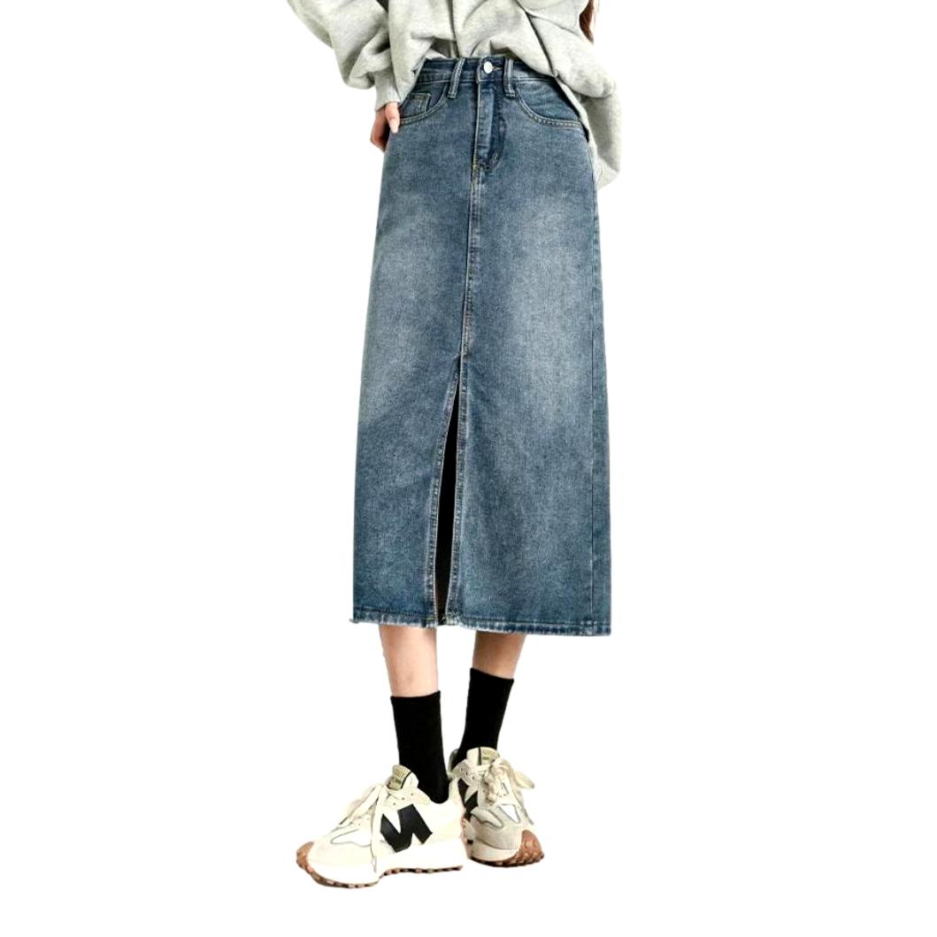 Vintage sanded slit denim skirt