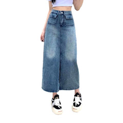 Short flap pocket denim skirt