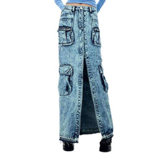 High-slit cargo denim skirt