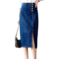 Exposed buttons midi denim skirt