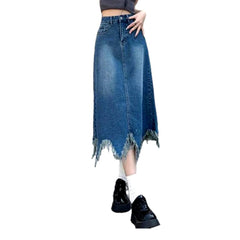 V-shape hem long denim skirt