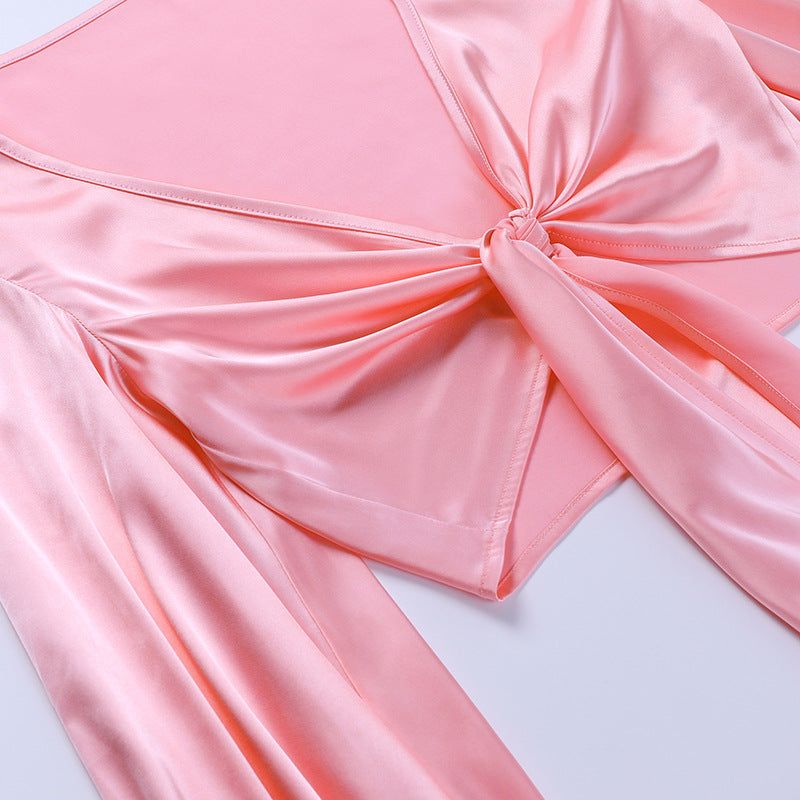 Pretty In Pink Satin Tie Up Crop Top & Shorts Set