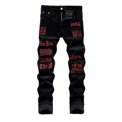 Corduroy jeans with red inscriptions