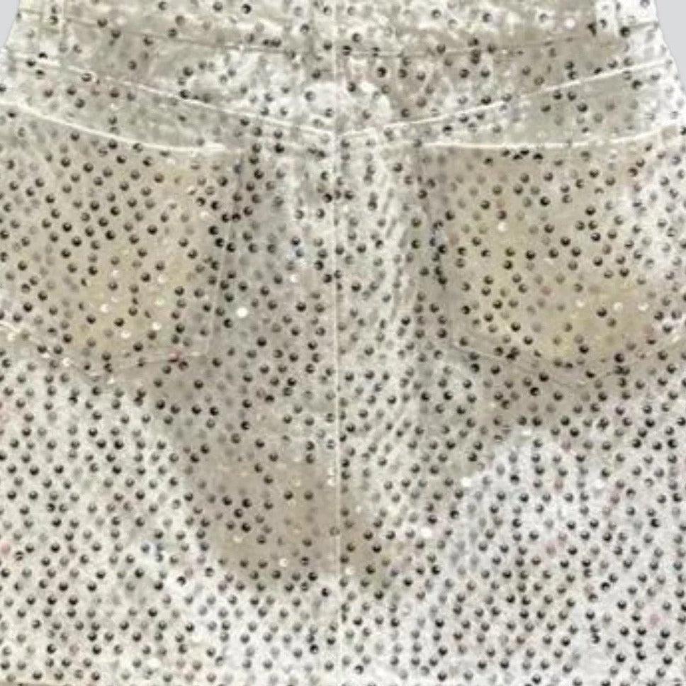 Rihnsotne embellished pink denim skirt