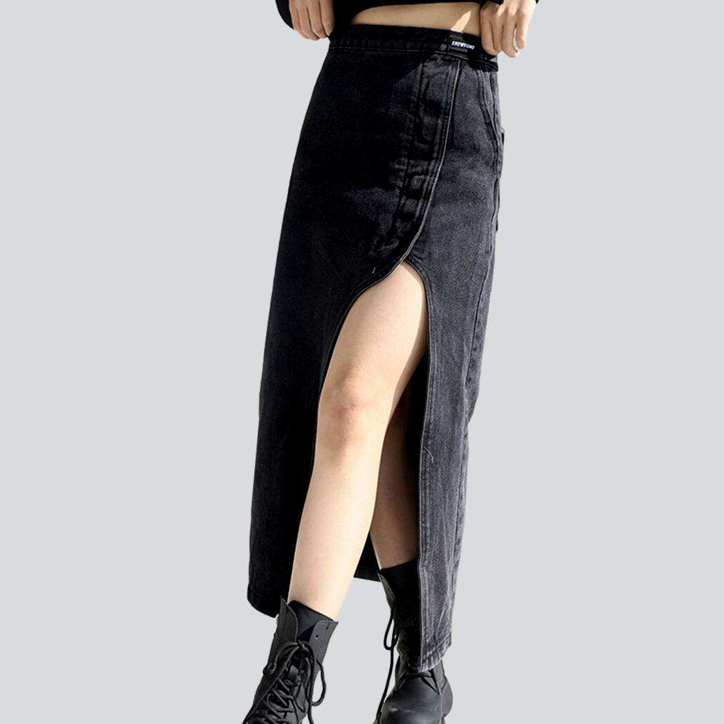 Big slit long denim skirt