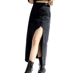 Big slit long denim skirt