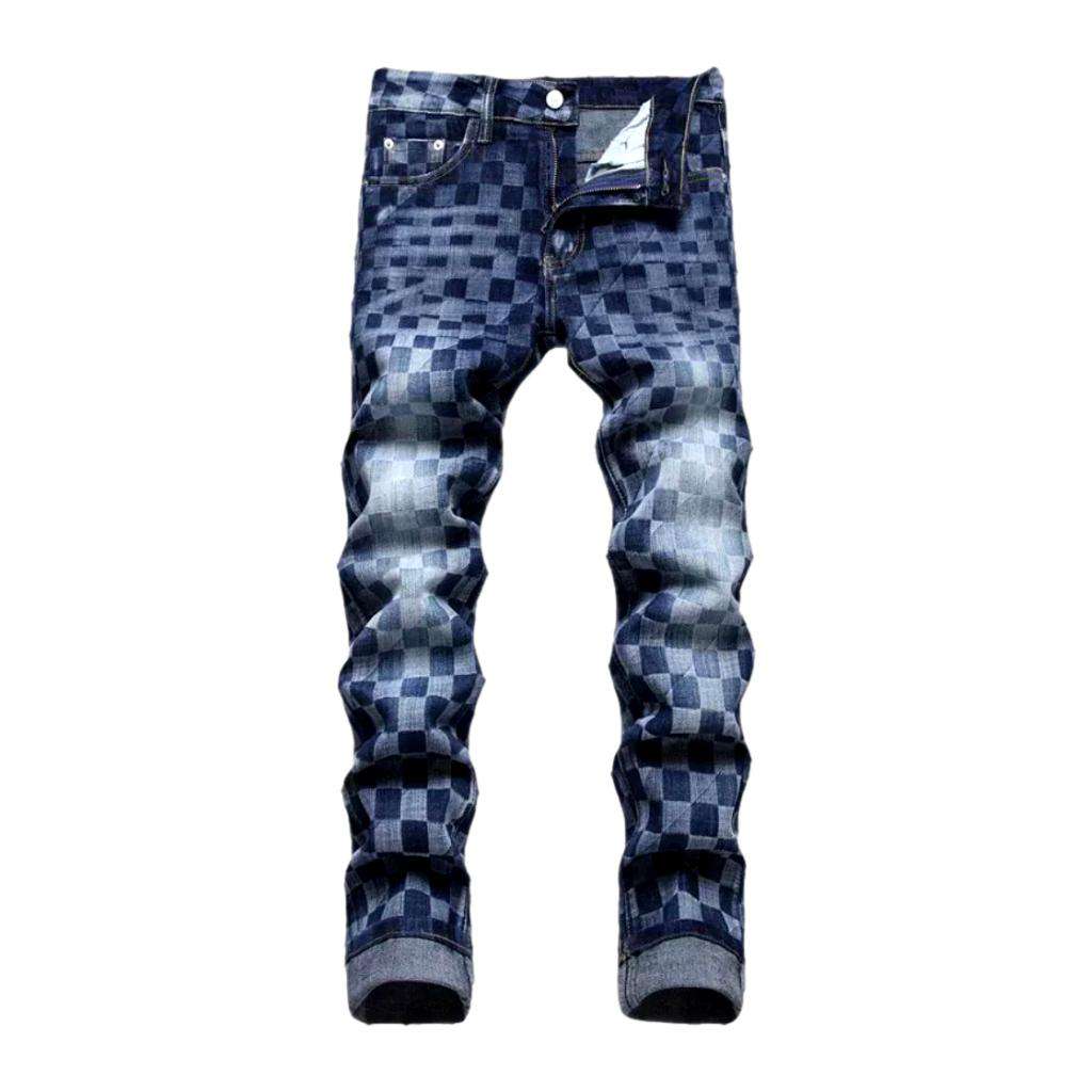 Checkered print stretchy men jeans