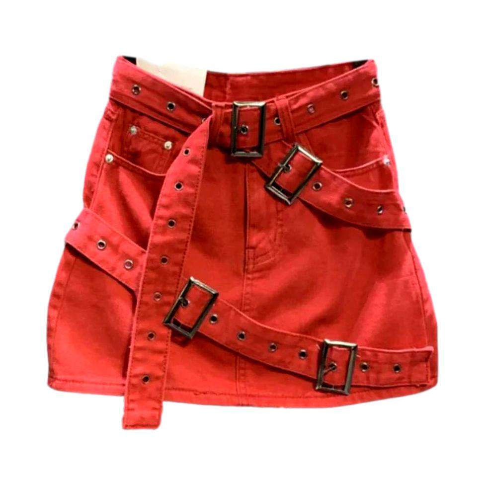 Belted color mini denim skirt