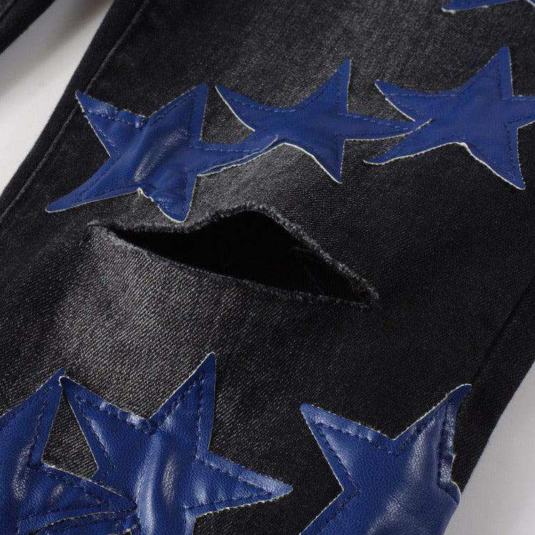 Schwarze Jeans mit blauer Sternstickerei