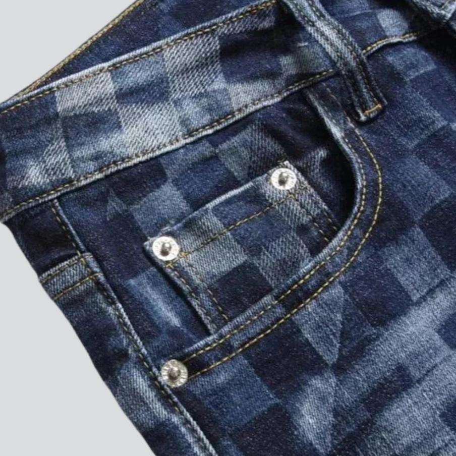 Checkered print stretchy men jeans