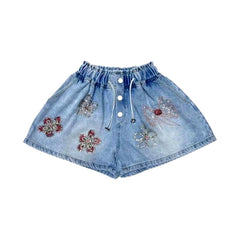 Wide flower embellished denim shorts