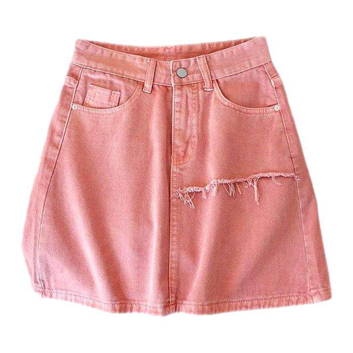 Frayed layered pink denim skirt