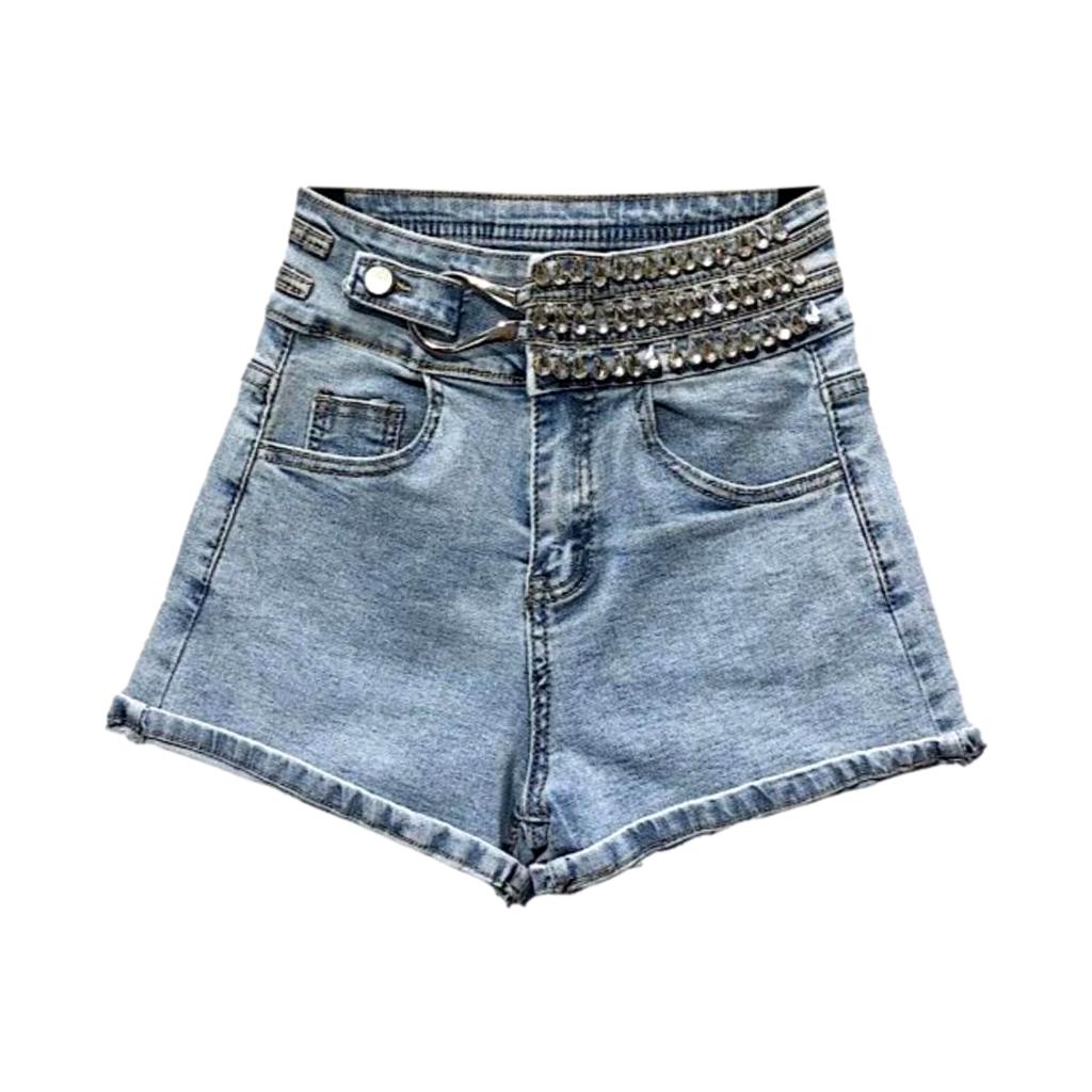 Rhinestone waistband women denim shorts