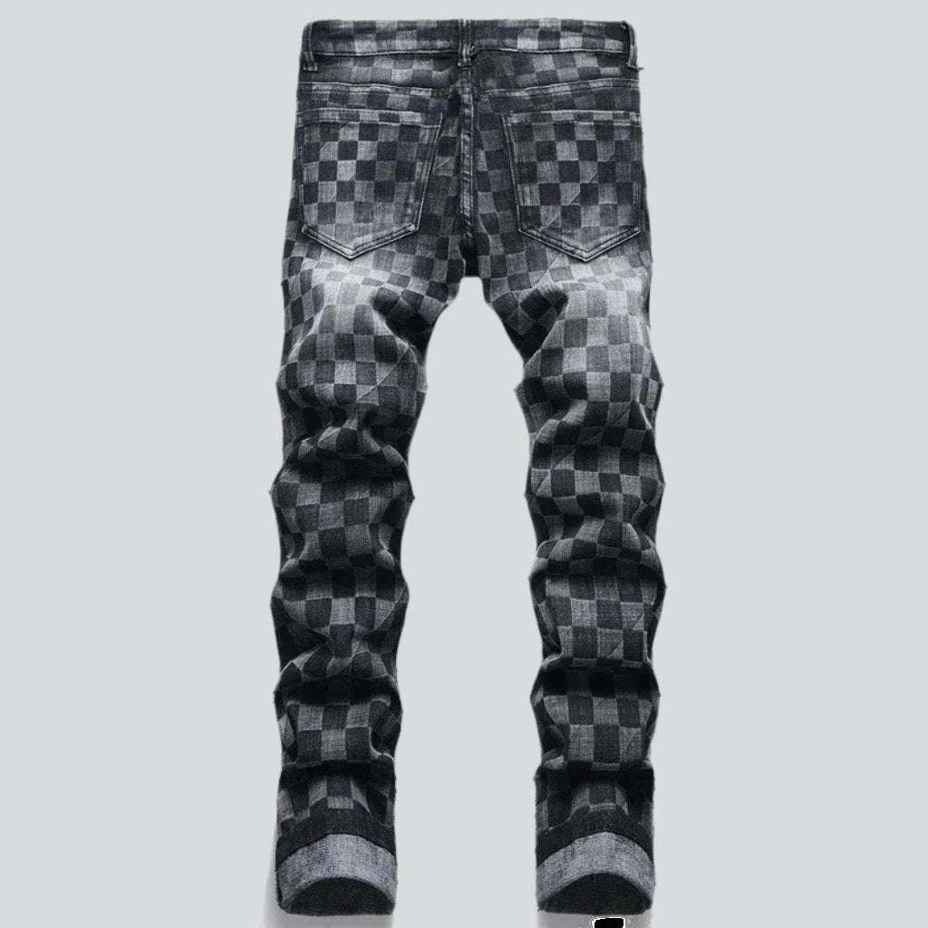 Checkered print stretchy men jeans