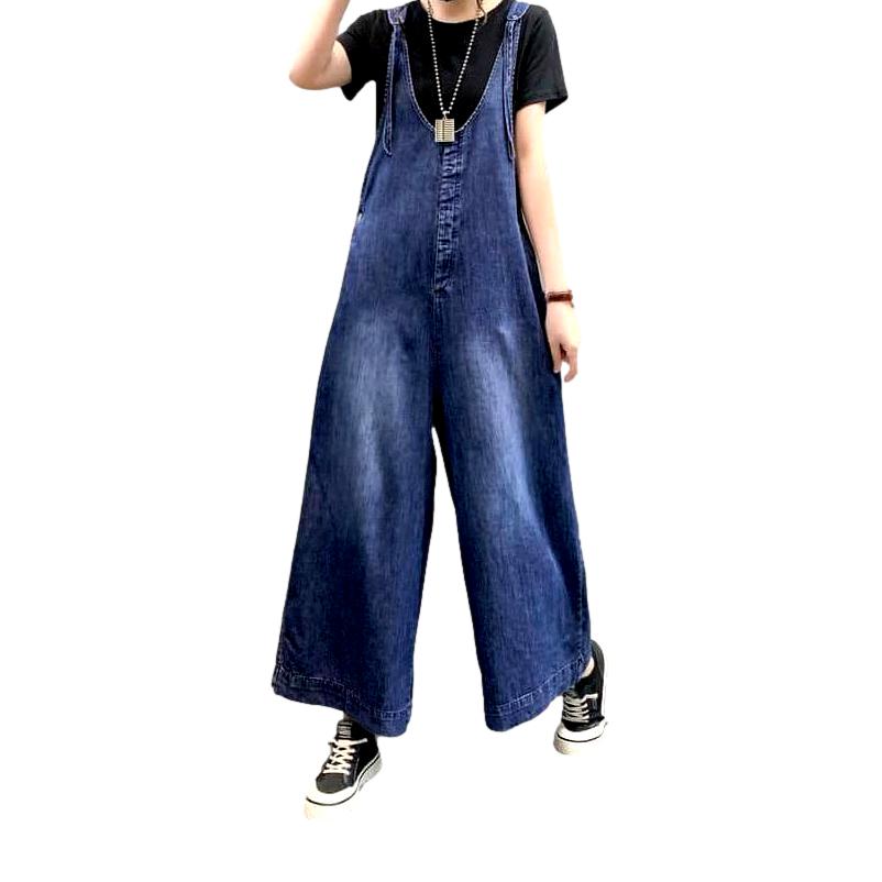 Sanded wide-leg denim jumpsuit for ladies