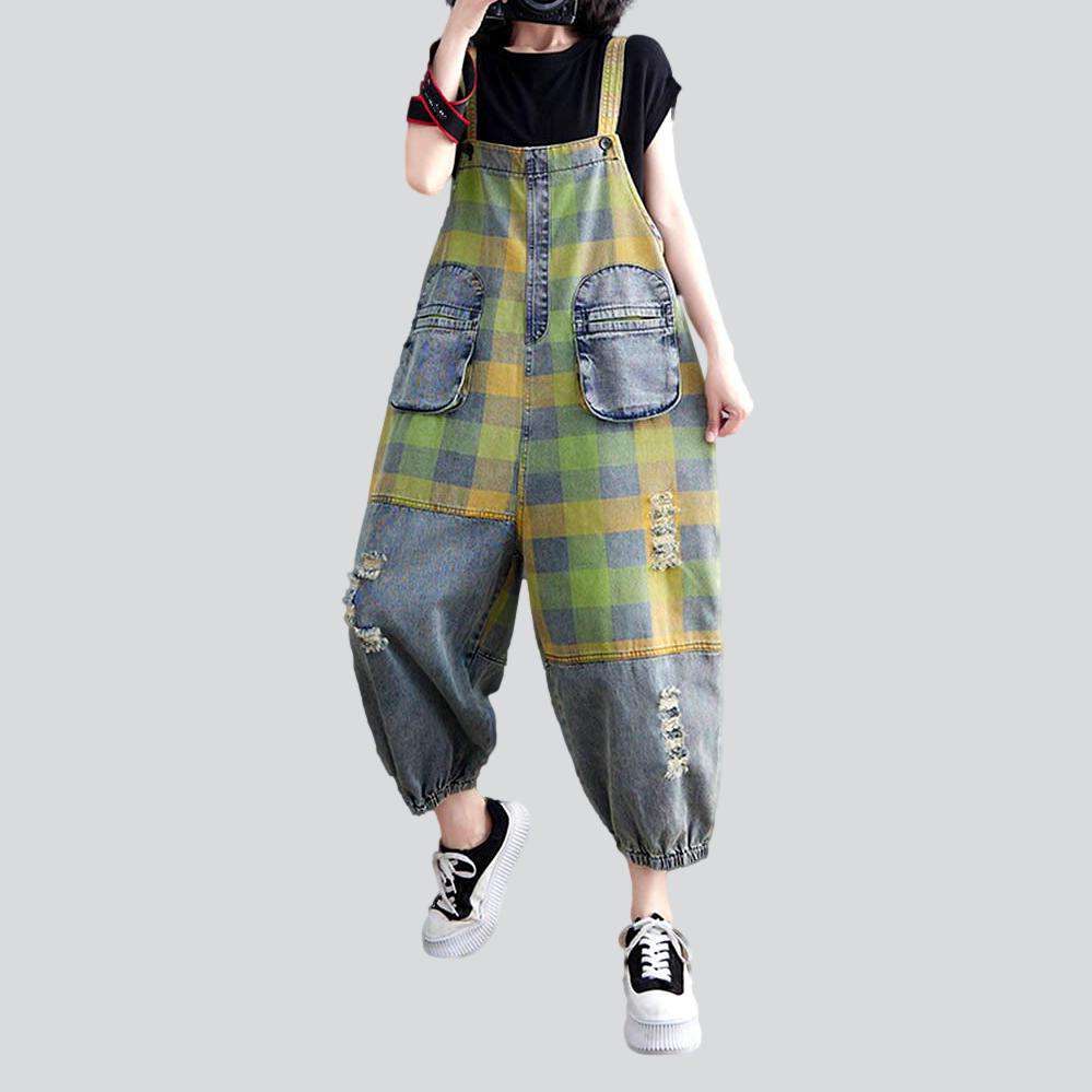 Green checkered women denim dungaree