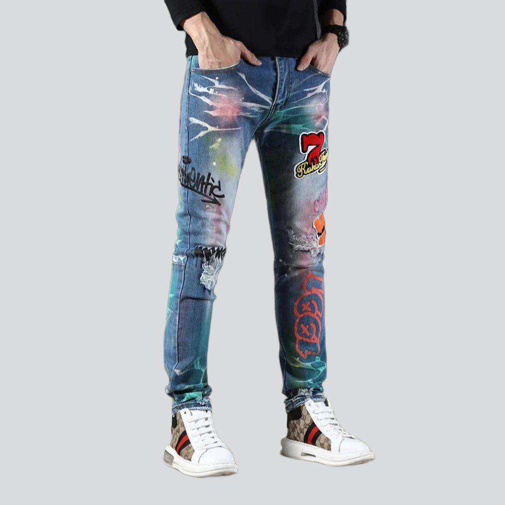 Neon color print men jeans