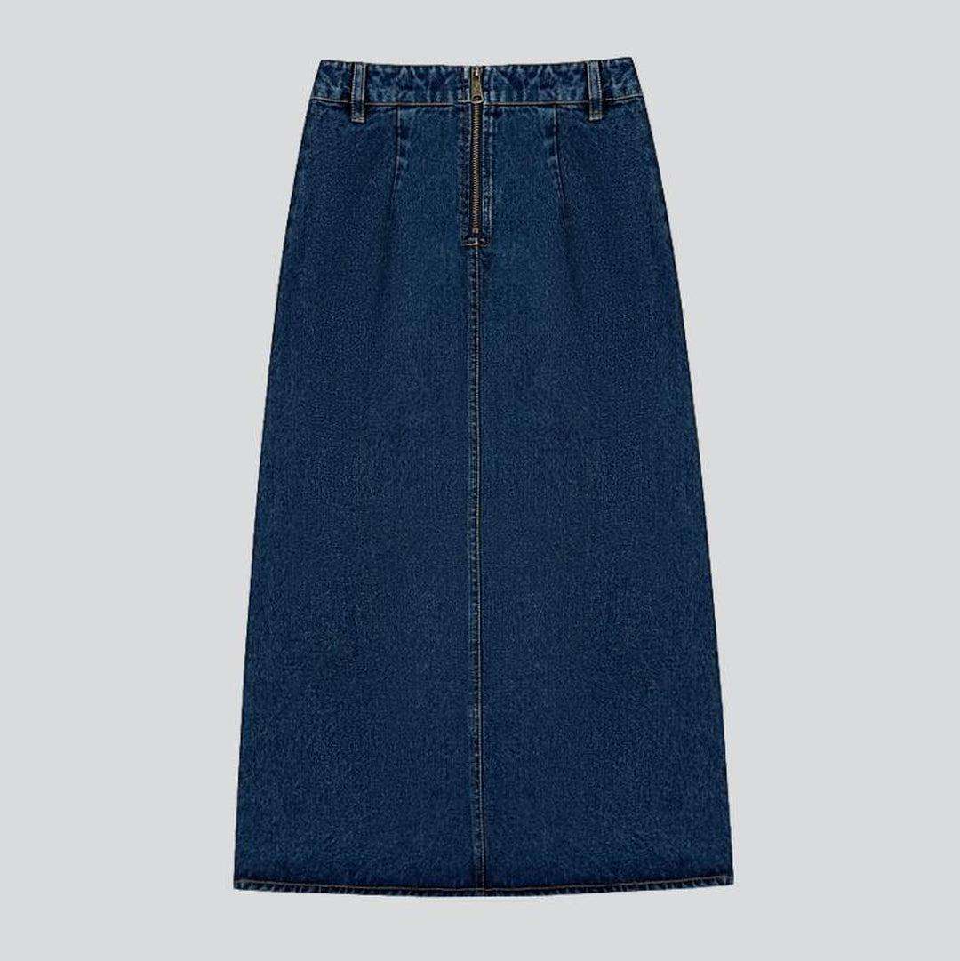 Drawstring slit long denim skirt