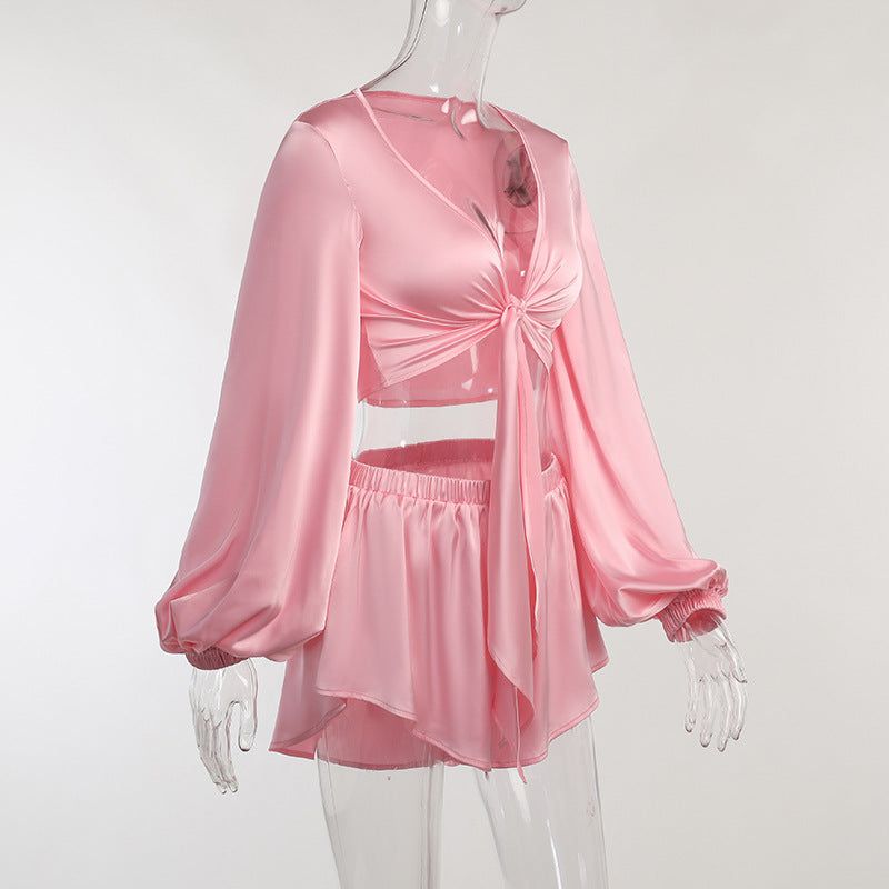 Pretty In Pink Satin Tie Up Crop Top & Shorts Set