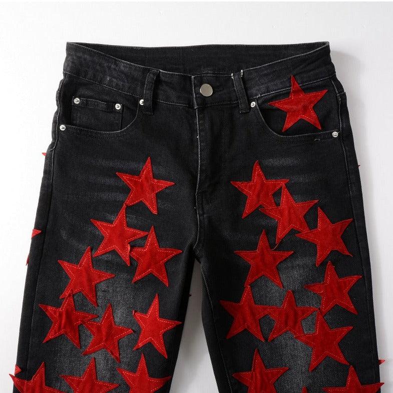 Red stars embroidery men jeans