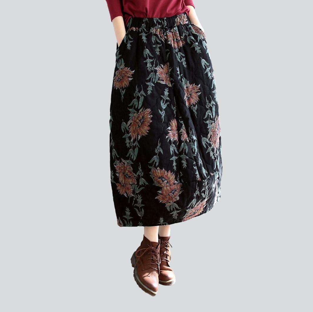 Flower-painted maxi jean skirt