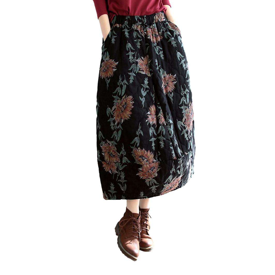 Flower-painted maxi jean skirt