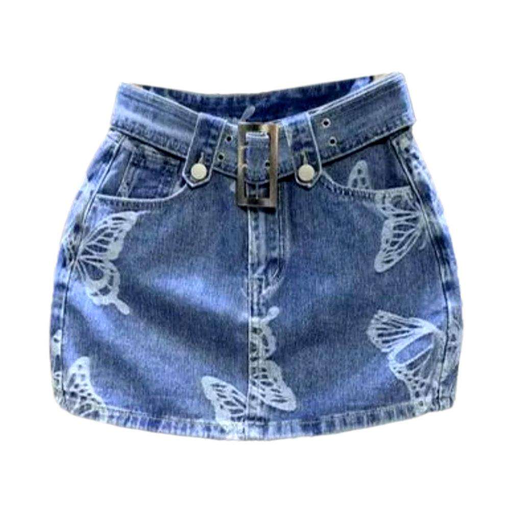 Butterfly print mini denim skort