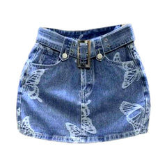 Butterfly print mini denim skort