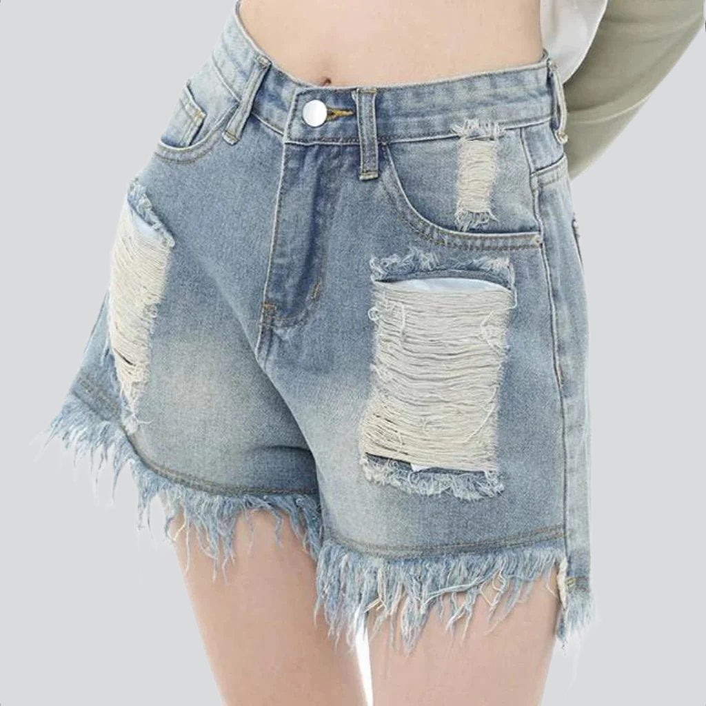 Wide-leg ripped women denim shorts