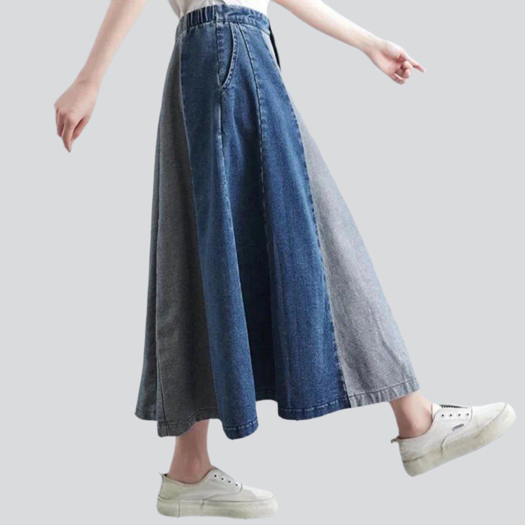 Trendy color block denim skirt