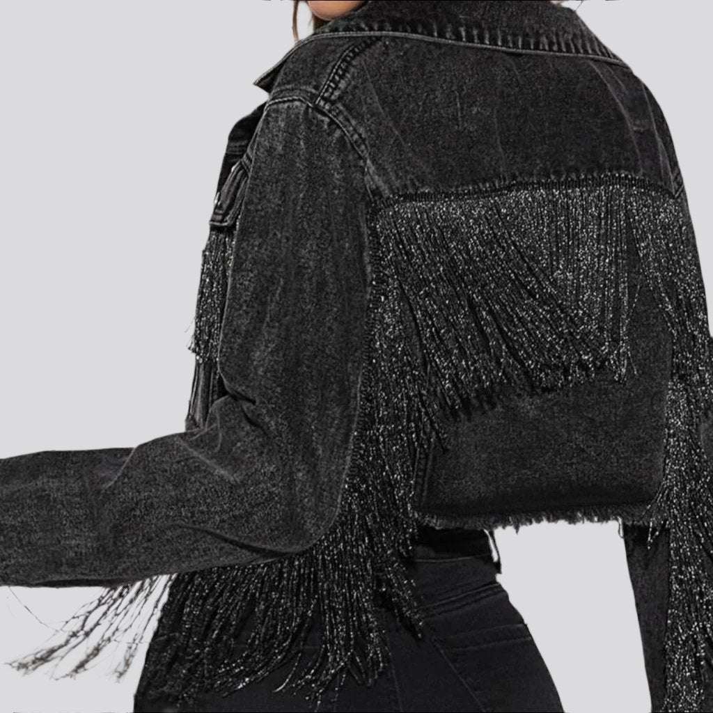 Fringe cropped women denim jacket