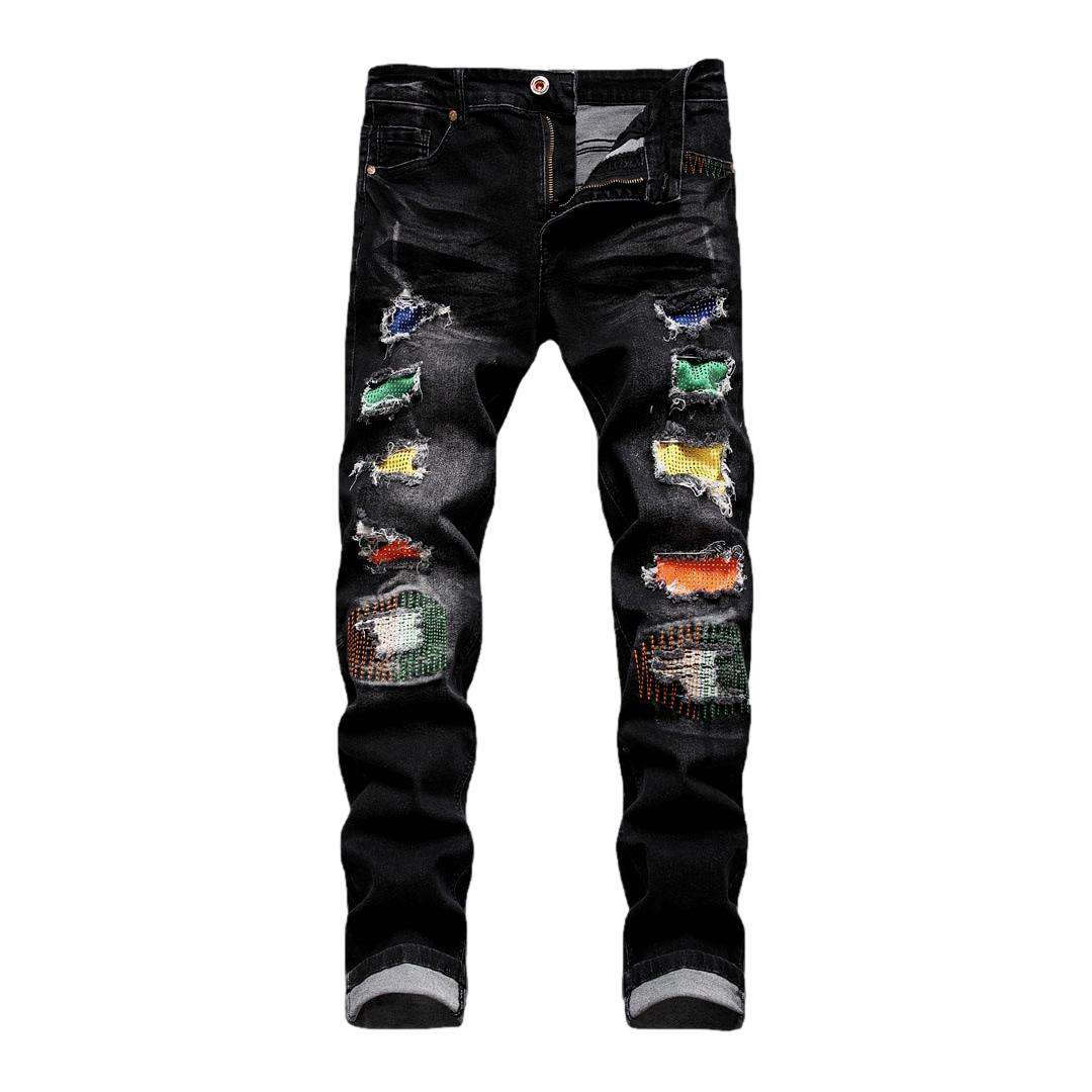 Color-embellished patchwork men jeans