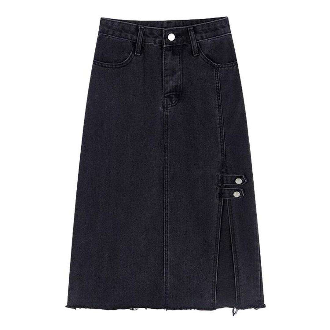 Clip-on slit long denim skirt