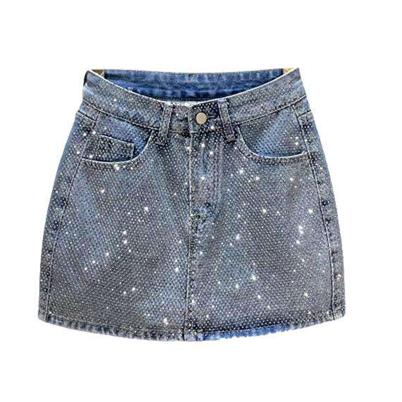 Crystal-embellished mini denim skirt
