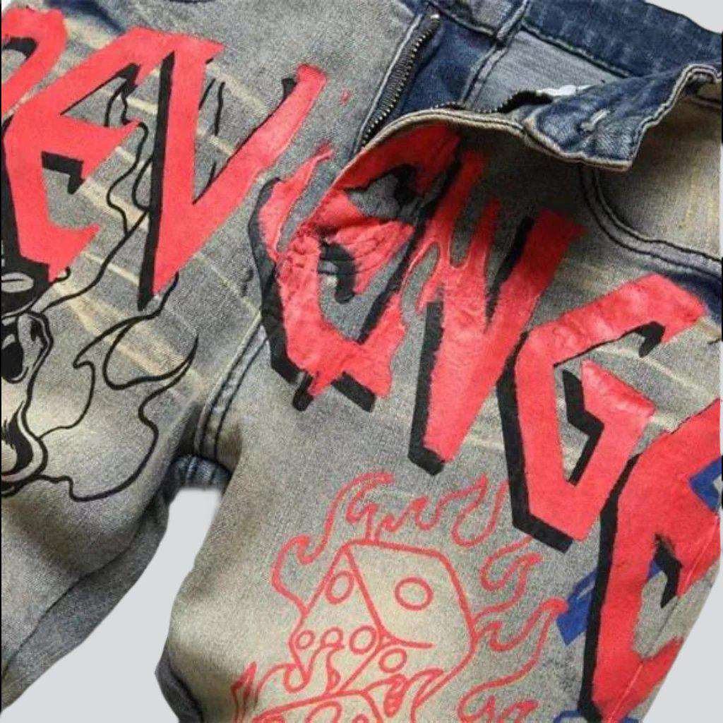 Graffiti print frayed men jeans